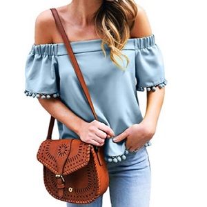 Light blue off the shoulder blouse